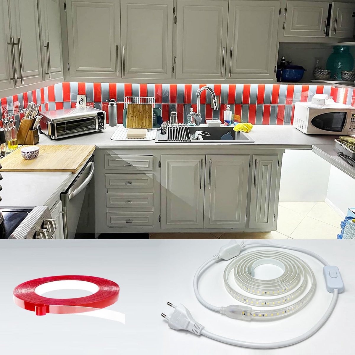 SnelShoppen - LED Strip 1m Hoogwaardige LED Strip 220V 230V Directe Aansluiting Waterproof IP65 met Schakelaar 6000K voor Keuken, Badkamer, Werkbank,