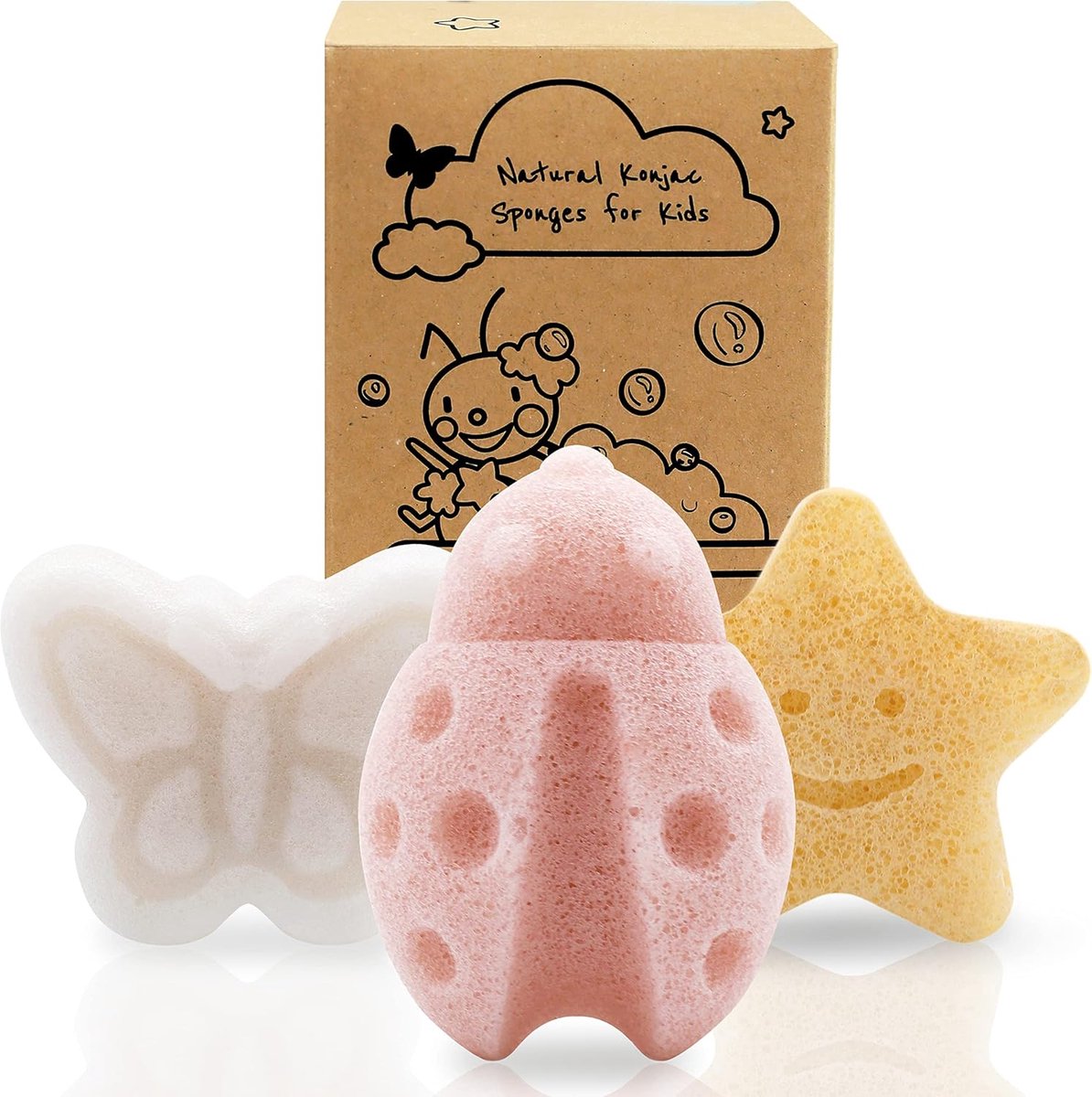 SnelShoppen - Konjac Baby Bad Spons Set van 3 - Natuurlijk en Veilig - Bad Tijd voor Peuters - Ster, Lieveheersbeestje en Vlinder Vormen - Geschikt vo