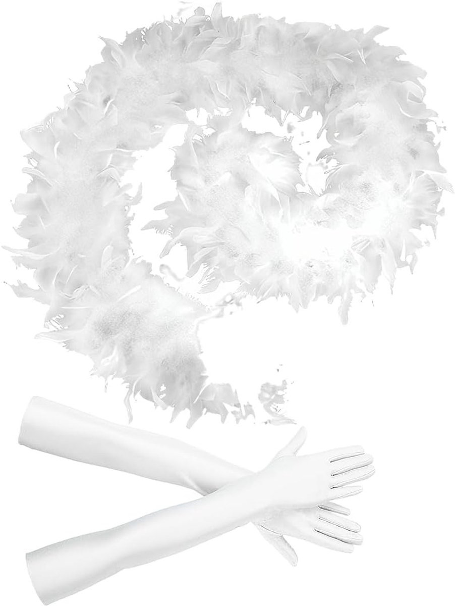 Witte veren sjaal met bijpassende 53 cm lange spandex handschoenen, ideaal voor Halloween kostuums, feesten en verkleedpartijen voor vrouwen en meisjes.