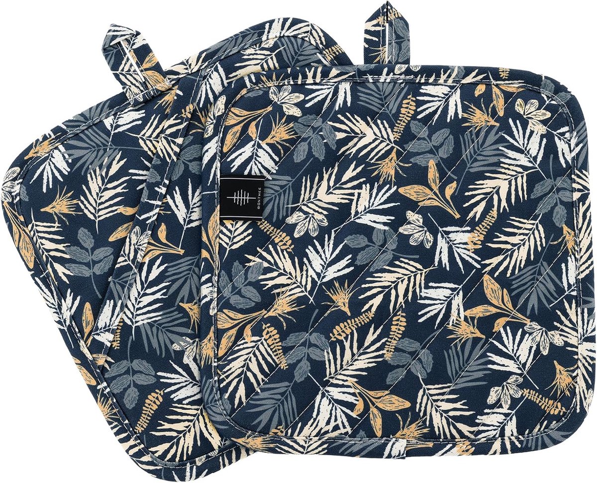 SnelShoppen - Bonthee Pot Holders Keuken - Warmtebestendige Oven Handschoenen - Katoenen Pothouders voor Koken en Bakken - Blauwe Bladeren - Inclusief