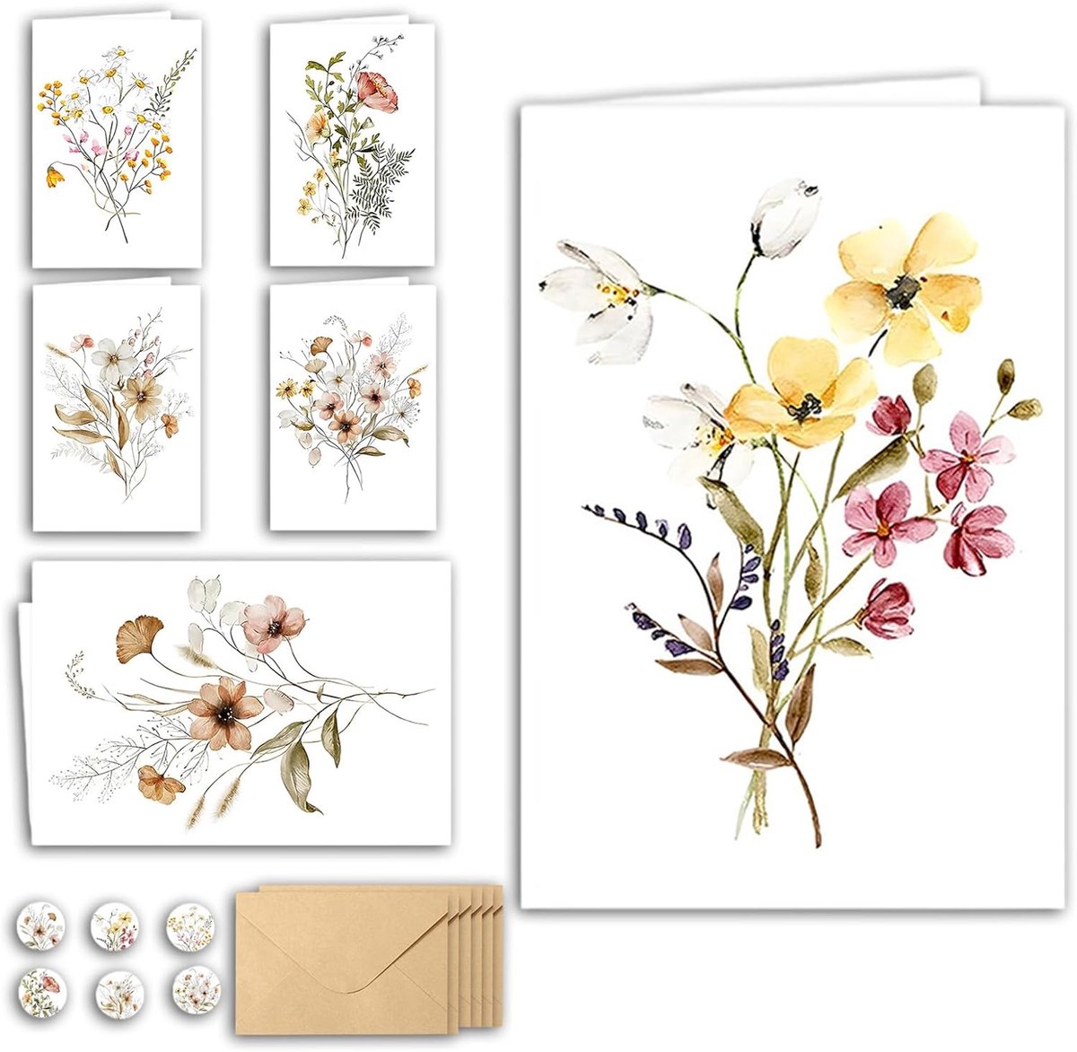 SnelShoppen - 6 Witte Vouwkaarten met Enveloppen - Lege Kaarten voor Verjaardagen - Bloemmotieven - Persoonlijke Boodschappen - 152x101mm