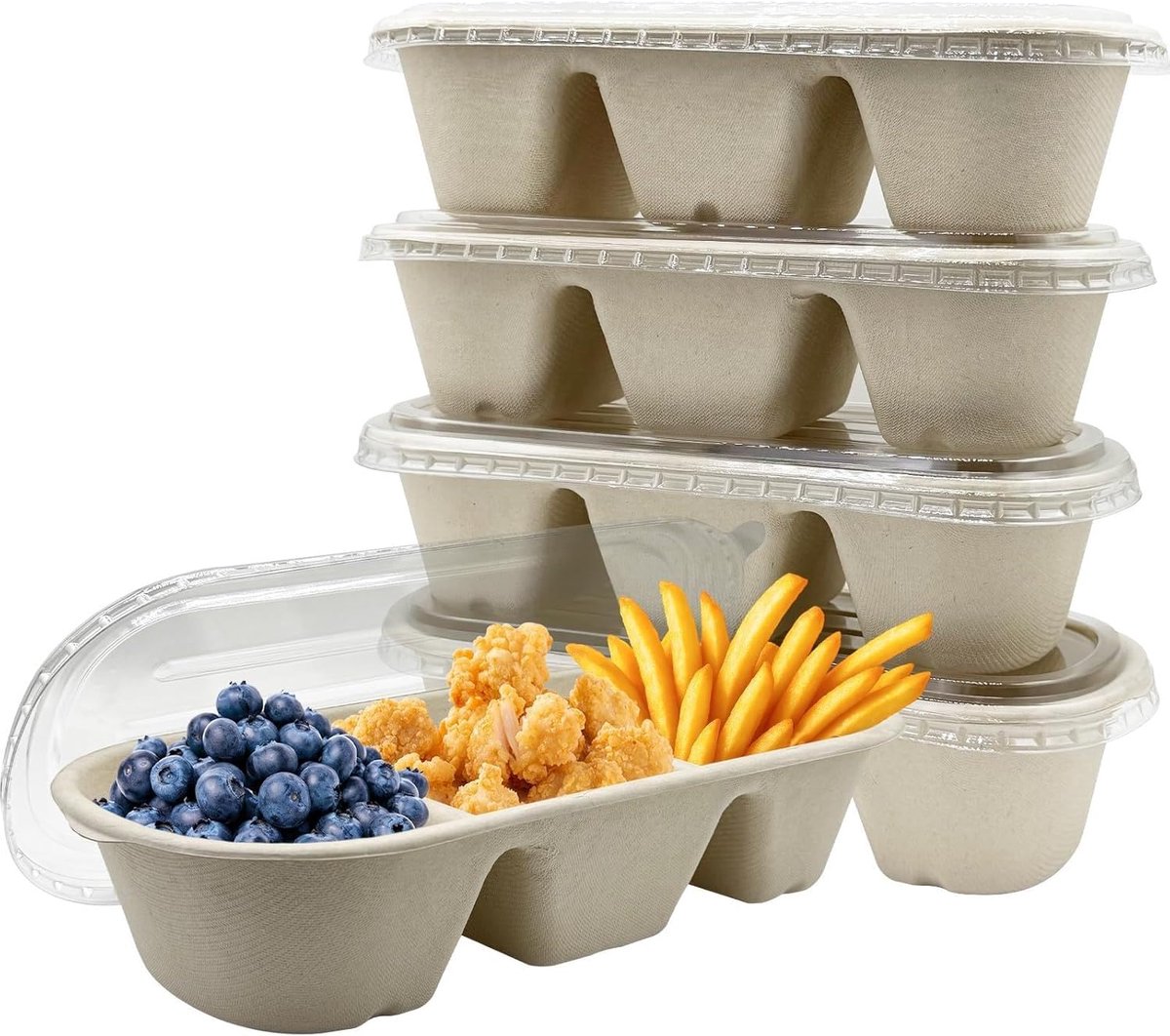 SnelShoppen - 20 Stuks Oval Bento Box met 3 Compartimenten, 1100ml Wegwerp Lunchdozen met Deksel, Olie- en Waterdicht, Biologisch Afbreekbare Containe