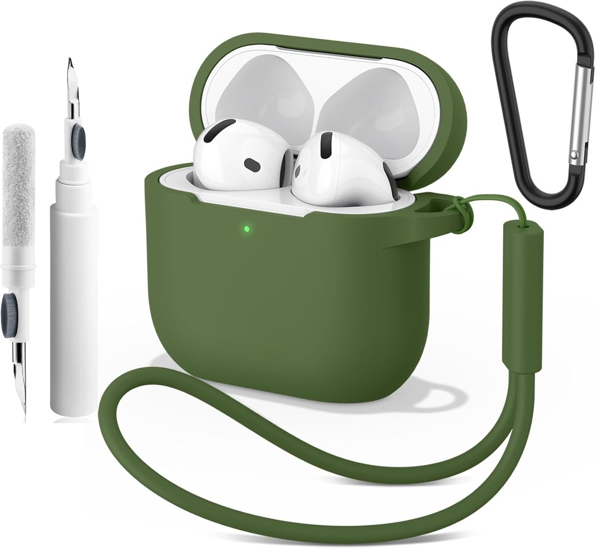 SnelShoppen - Silicone Hoes voor AirPods 4 (2024) met Schoonmaakpen, Carabiner en Lanyard, 2mm Dun, Schokbestendig en Krasbestendig, 4-in-1 Set voor A