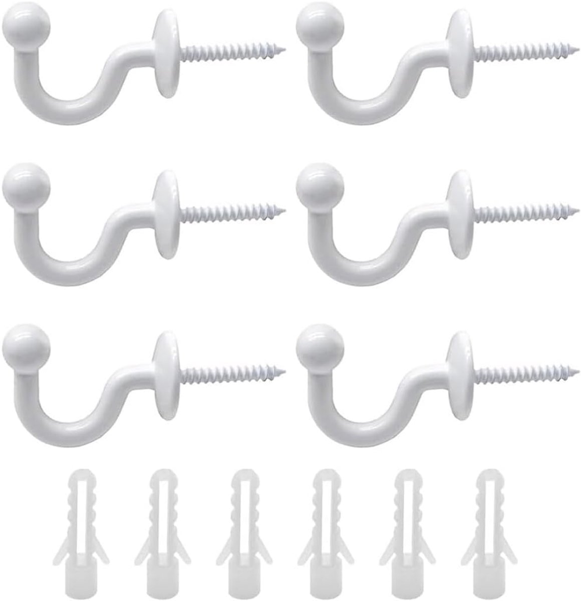 SnelShoppen - 6 stuks gordijnhouders haken muurbevestiging metalen witte U-vormige eindstukken voor gordijnen, multifunctionele ball-end haken voor th