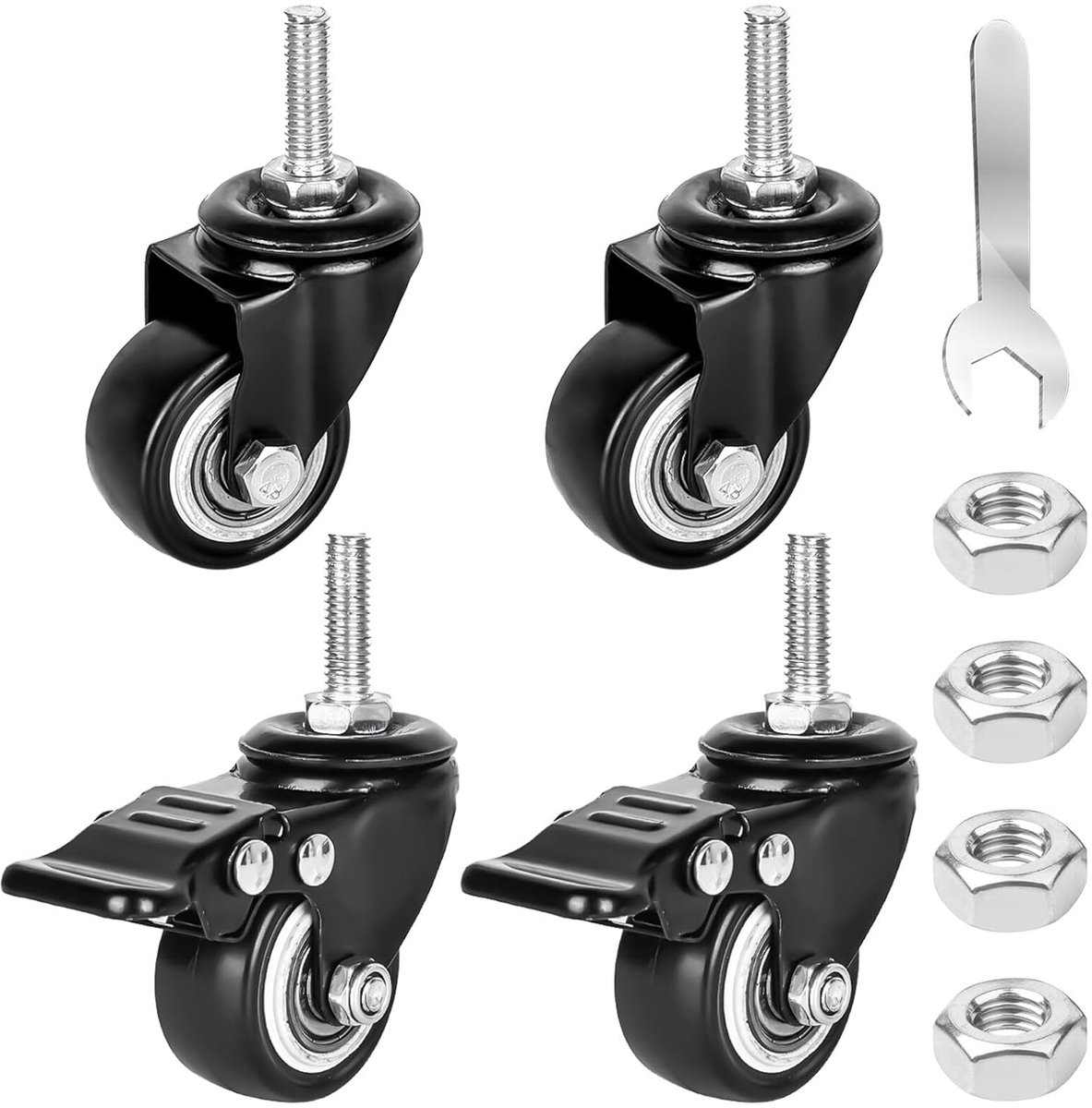 SnelShoppen - 4 Stuks 40mm Meubelwielen - M8 x 25mm Schroef bevestigde Zwenkwielen - 2 met Rem en 2 zonder Rem - Zwarte Rubber Wielen voor Meubels - T