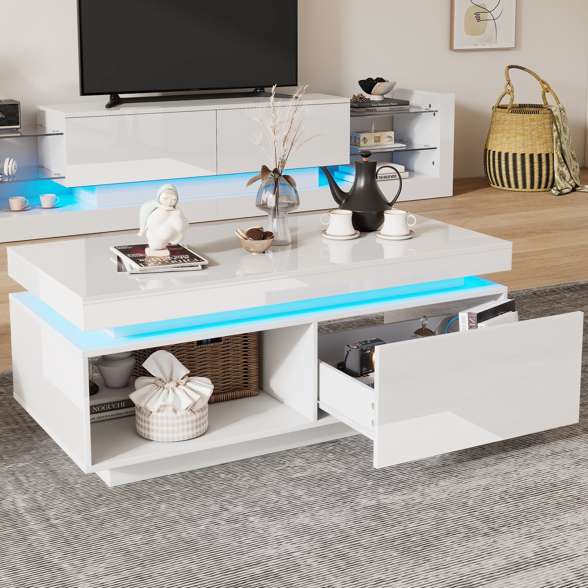 COVREO Salontafel 100x50x40,3 cm – wit, hoogglans spaanplaat, met lade en LED-verlichting