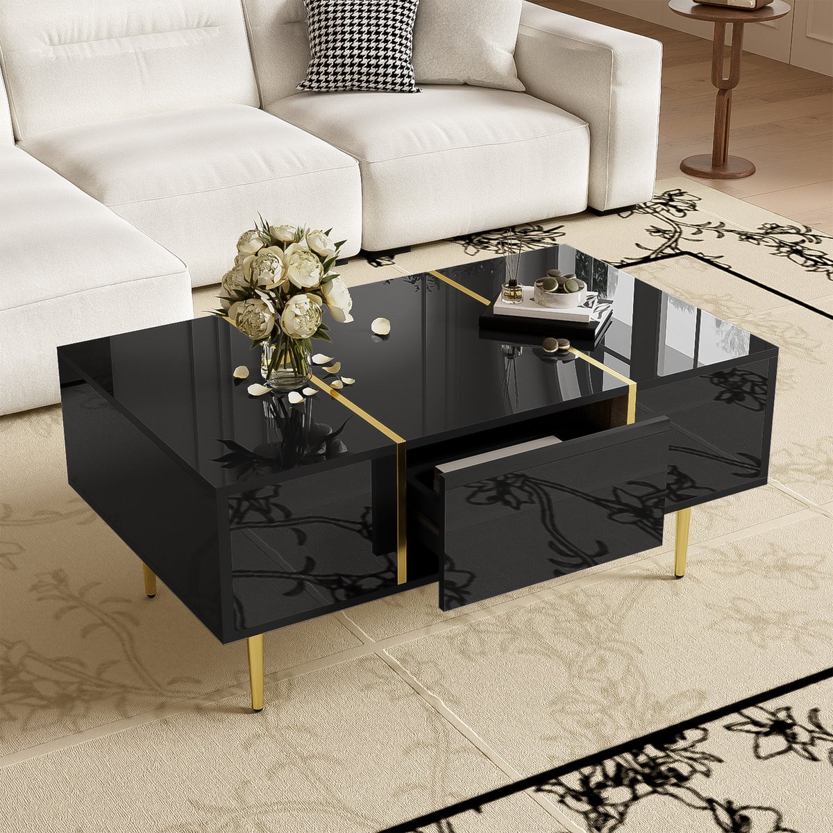 COVREO Salontafel 100 x 60 x 41,5 cm - zwart hoogglans MDF, 2 lades