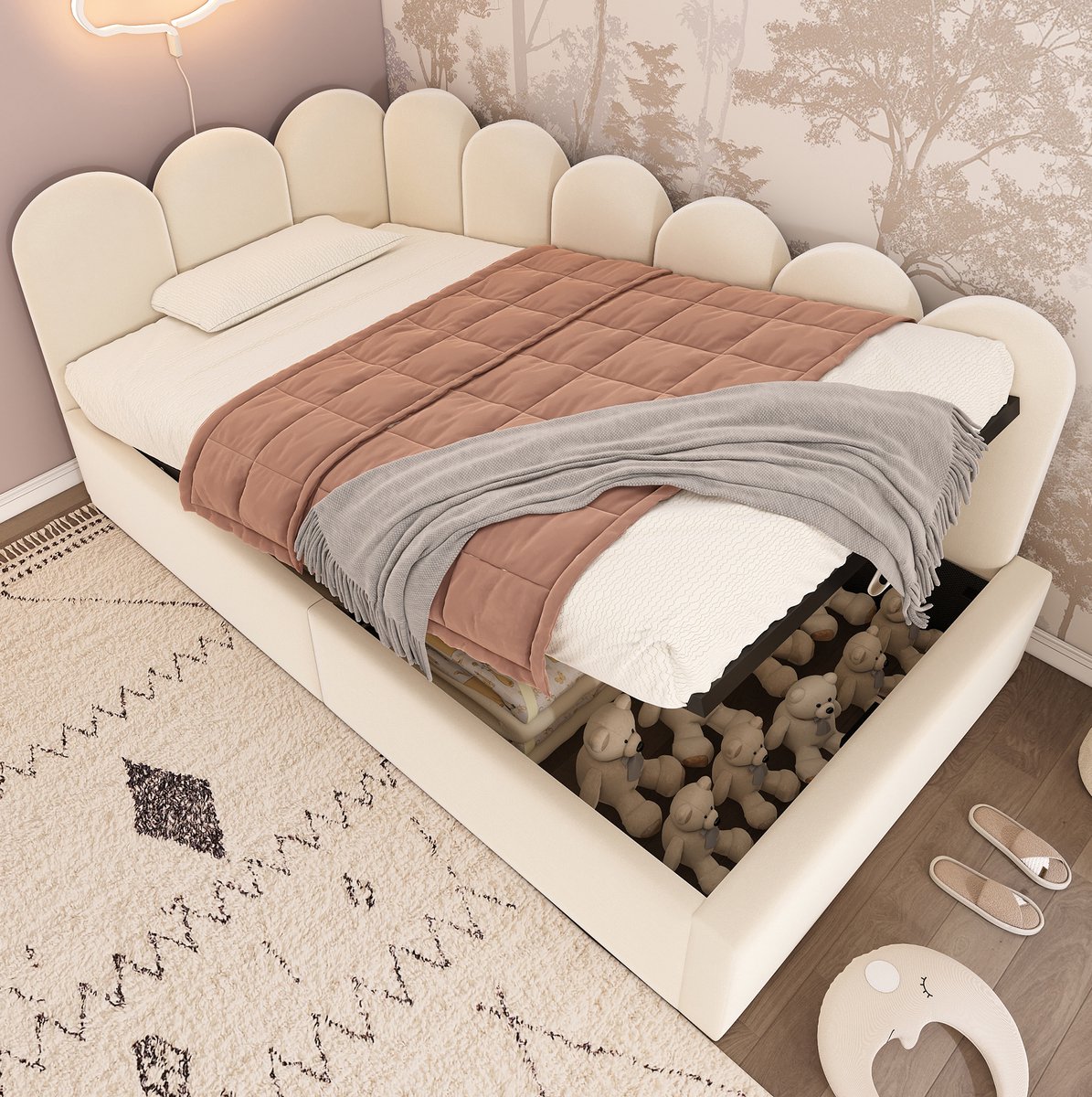 MEUNIQ Bedbank 90x190 cm met hydraulische opbergruimte, metalen lattenbodem, velours bekleding, eenpersoons kinderbed voor kinderkamer of logeerkamer, beige