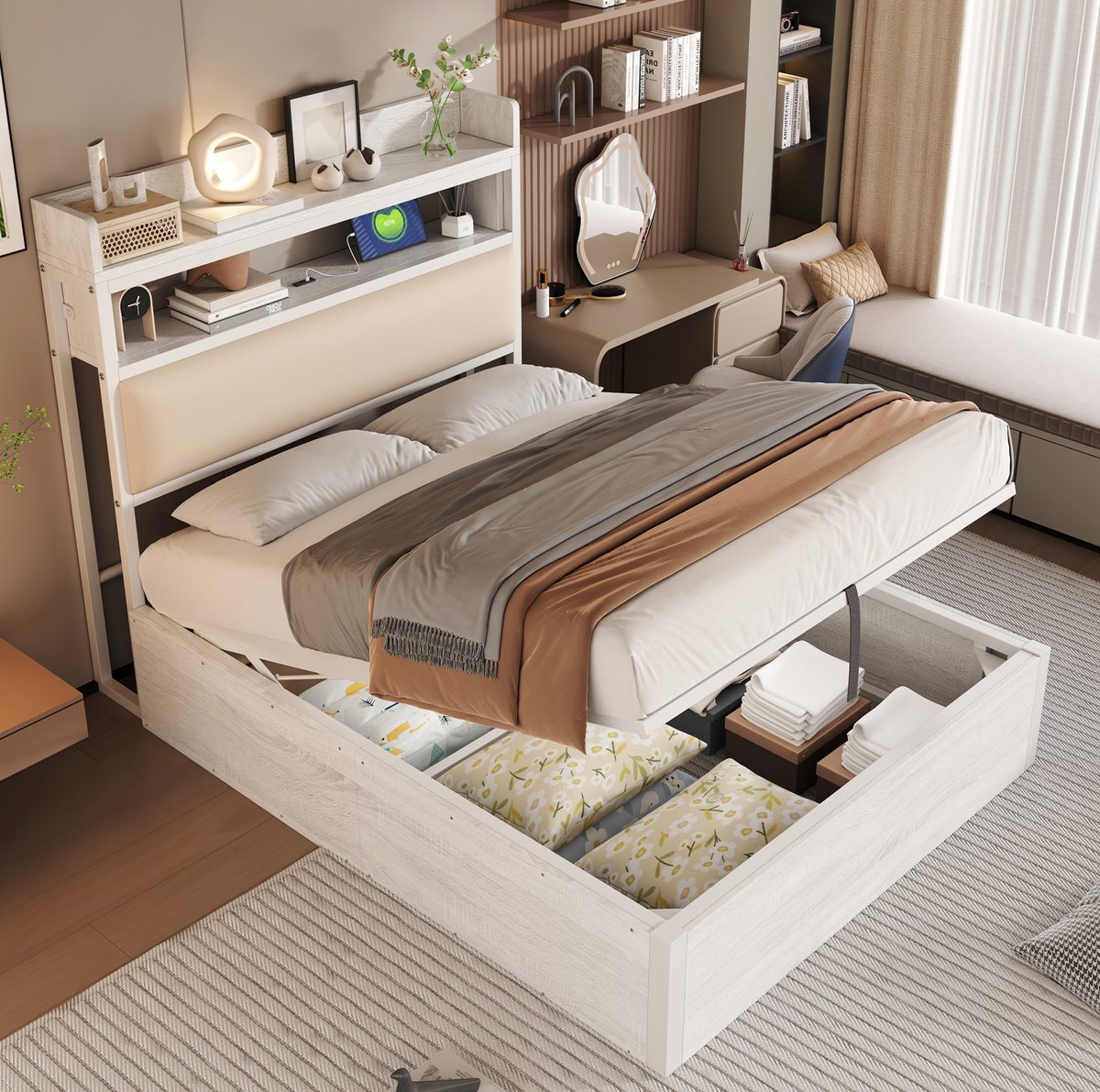 MEUNIQ bedframe 90 x 200 cm met hydraulische opbergruimte, USB en gestoffeerd hoofdbord, eenpersoonsbed met lattenbodem voor slaapkamer, wit