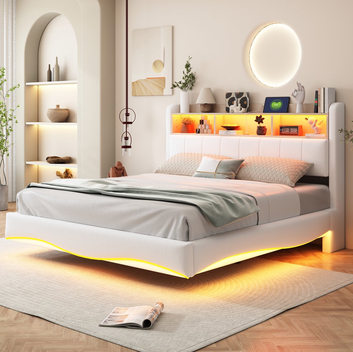 MEUNIQ Polsterbed 160x200 cm met LED-verlichting, USB en Type-C, opbergruimte in hoofdbord, zwevend design, tweepersoons bed voor slaapkamer, beige