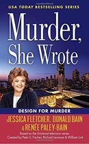 Boekomslag van Murder, She Wrote, Design for Murder met een foto van Angela Lansbury en een stadsgezicht.