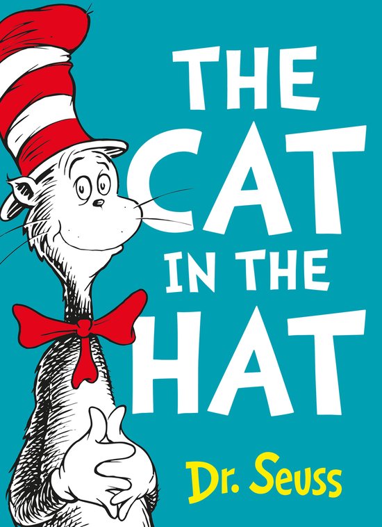 De Cat in the Hat met rode strik en gestreepte hoed, naast de titel 'The Cat in the Hat' en 'Dr. Seuss'.