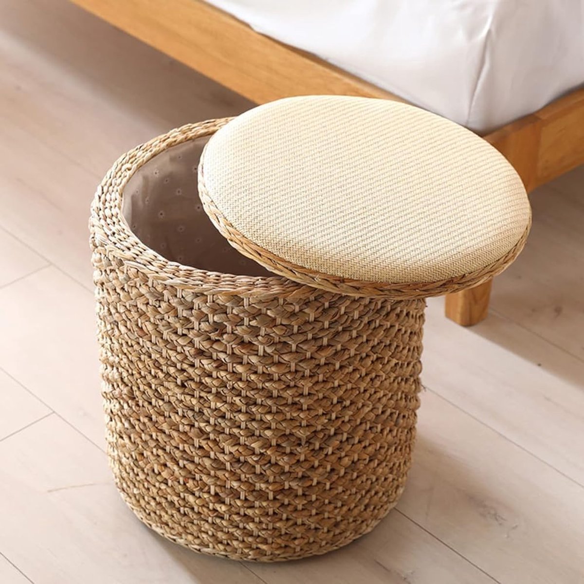 Rotan Opbergpoef - Voetenbank Hocker - Woonkamer Organisatie - Massief Houten Frame - 37x43cm - Natuurlijk Hout