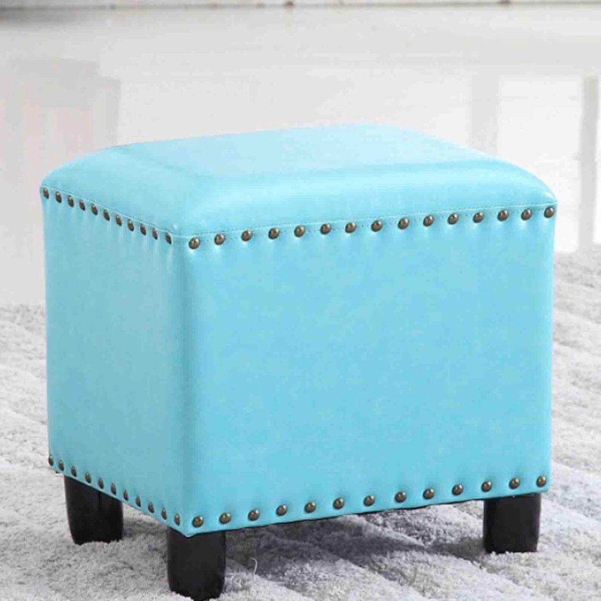 Voetenbank Kruk - Zitje Hocker - Ontspannen Zitten - Massief Houten Frame - 40x32x40cm - Blauw