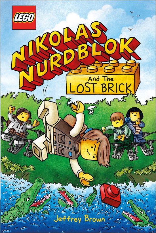 LEGO Nikolas Nurdblok en de Verloren Steen, met LEGO-personages die door krokodillen en een rivier vallen.