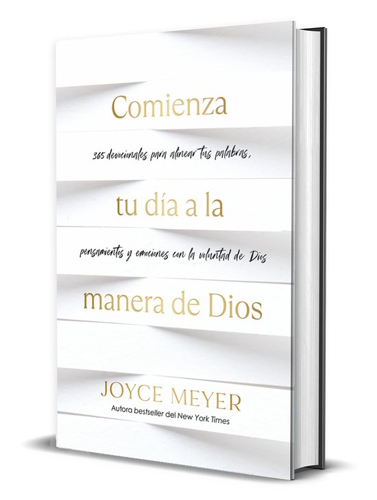 Livre avec le titre 'Comienza tu día a la manera de Dios' en lettres dorées sur un fond blanc rayé.