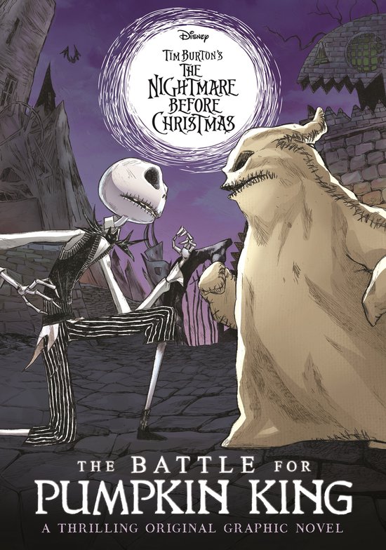 Jack Skellington en Oogie Boogie kijken elkaar aan voor een kasteel. Titel: The Nightmare Before Christmas: The Battle for Pumpkin King.