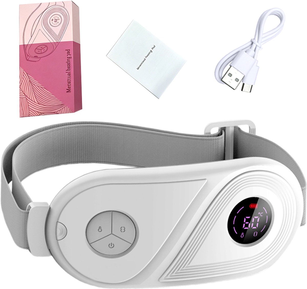 Verwarmde menstruatieband voor vrouwen - Verwarming, vibratie en massage - Heupband - Buik - 3 niveaus van warmtetherapie en vibratiemassage - Verlicht menstruatiepijn - Met verwarmings-, warmtetherapie-, vibratie- en massagefuncties - Wit