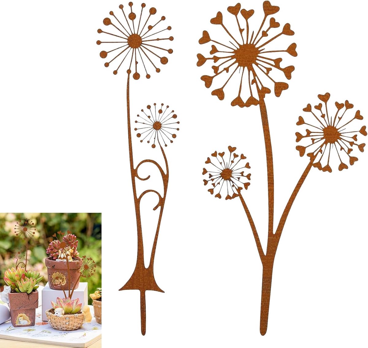 Tuinstekers Paardenbloem - Roest decoratie - Tuin verfraaien - Weerbestendig metaal - Set van 2 - Roestbruin