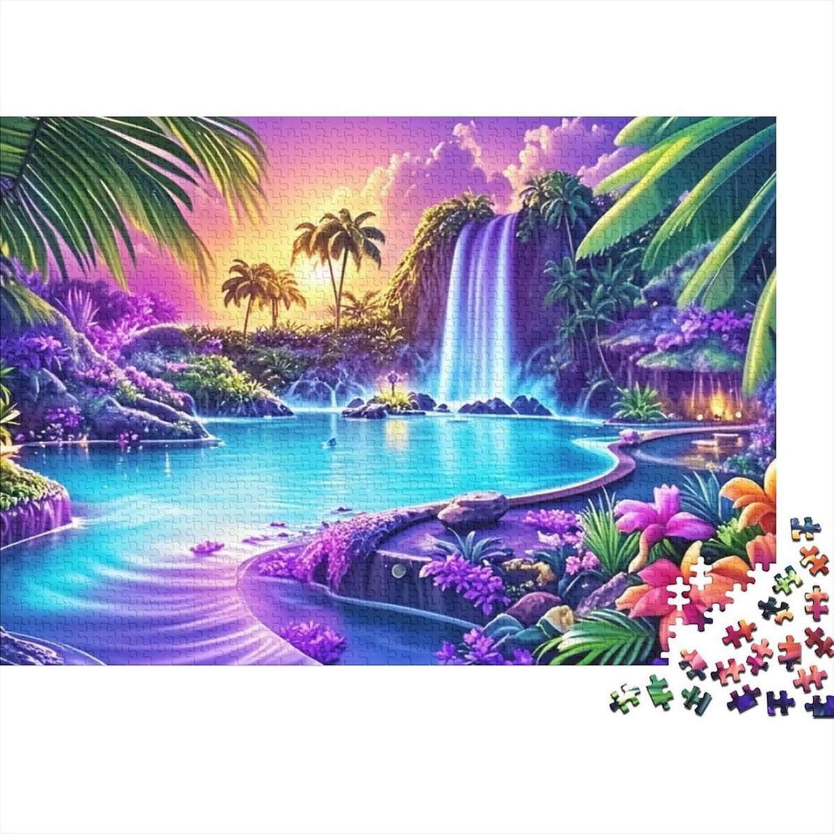 Tropische Watervalpuzzel - 1000 Stukjes - Ontspannend Spel - Gedetailleerd Landschap - 52x38cm - Kleurrijk