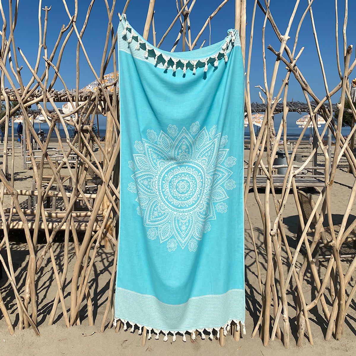 Fashion4wellness Hamamdoek Boho Peacock Blue FOUTA - STRANDLAKEN - SAUNADOEK - 200 X 95 CM KATOEN