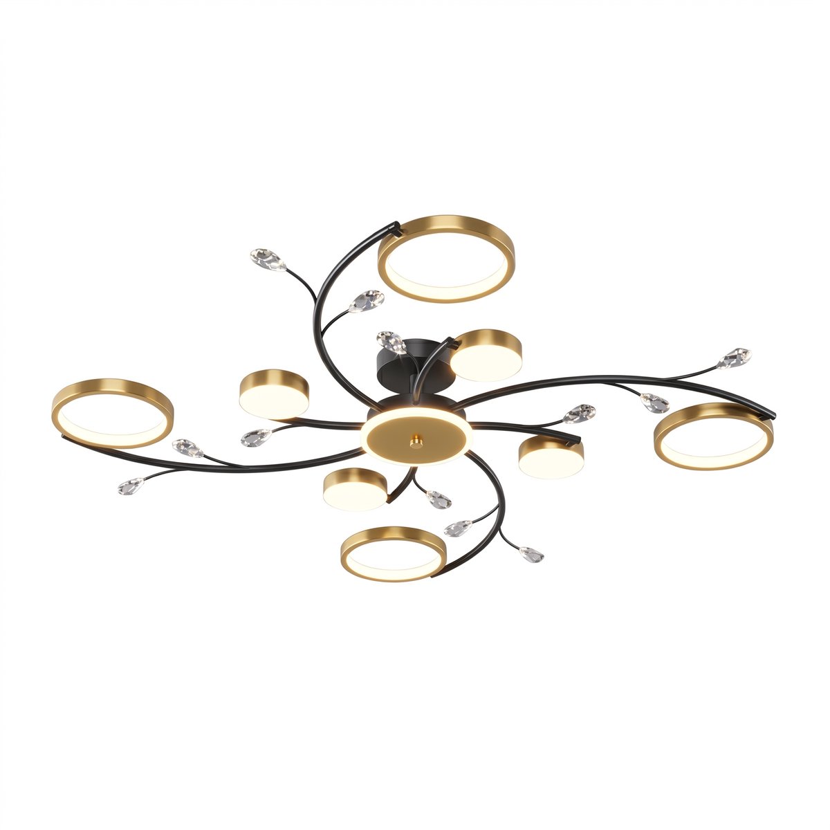 Sentara Plafondlamp – Kristal LED Plafonnière – Dimbaar – Instelbare Lichtkleur – Met Afstandsbediening – Woonkamer & Eetkamer – Goud Zwart – 8 Lichtpunten – Ø100 cm