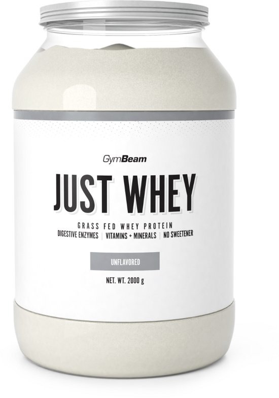 Fles GymBeam Just Whey, unflavored, weiproteïne, met 2000g netto.