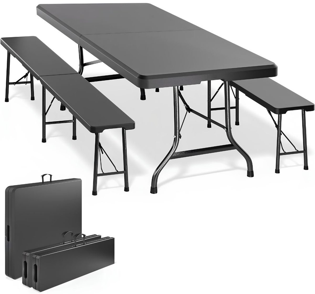 JCP® Tafel - 2 Bierbanken en 1 Biertafel - Biertafel - Biertafel met Banken - Antraciet - 366cm x 76cm x 74cm