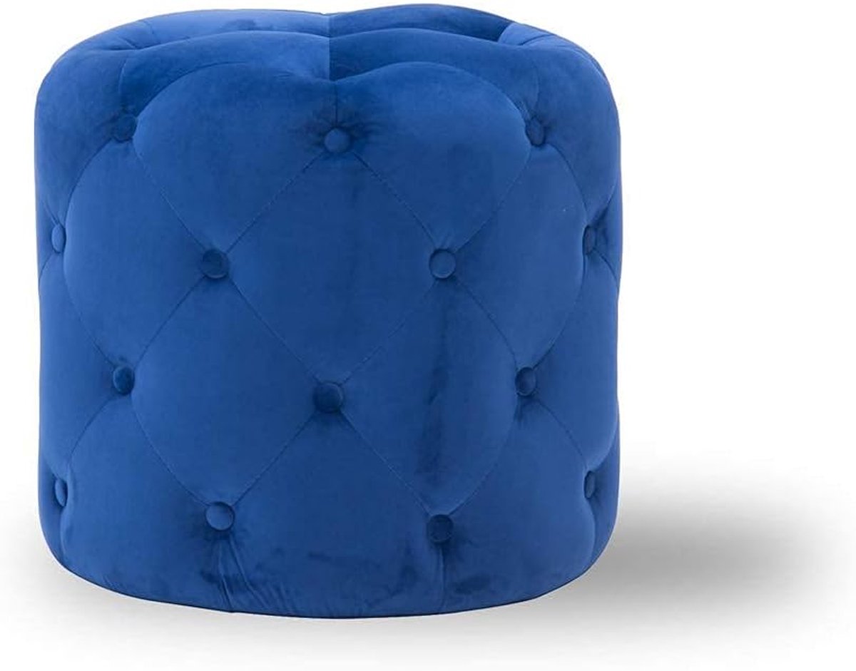 Ronde Poef - Voetenbankje Ottomaan - Ontspanning Thuis - Massief Houten Frame - 45cm x 41cm - Blauw