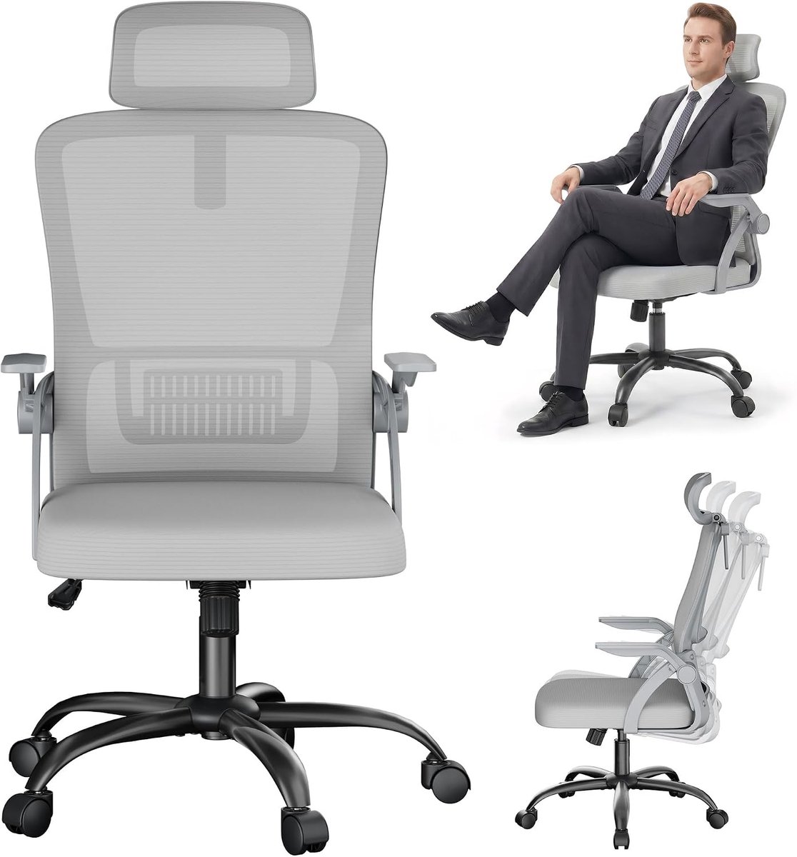 Ergonomische bureaustoel - Comfortabele werkstoel - Langdurig werken - Opklapbare armleuningen - 120 kg belastbaar - Grijs