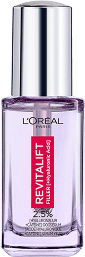 L'Oréal Paris Revitalift Filler Oogserum met 2.5% hyaluronzuur en cafeïne in een helder paars flesje met zilveren dop.