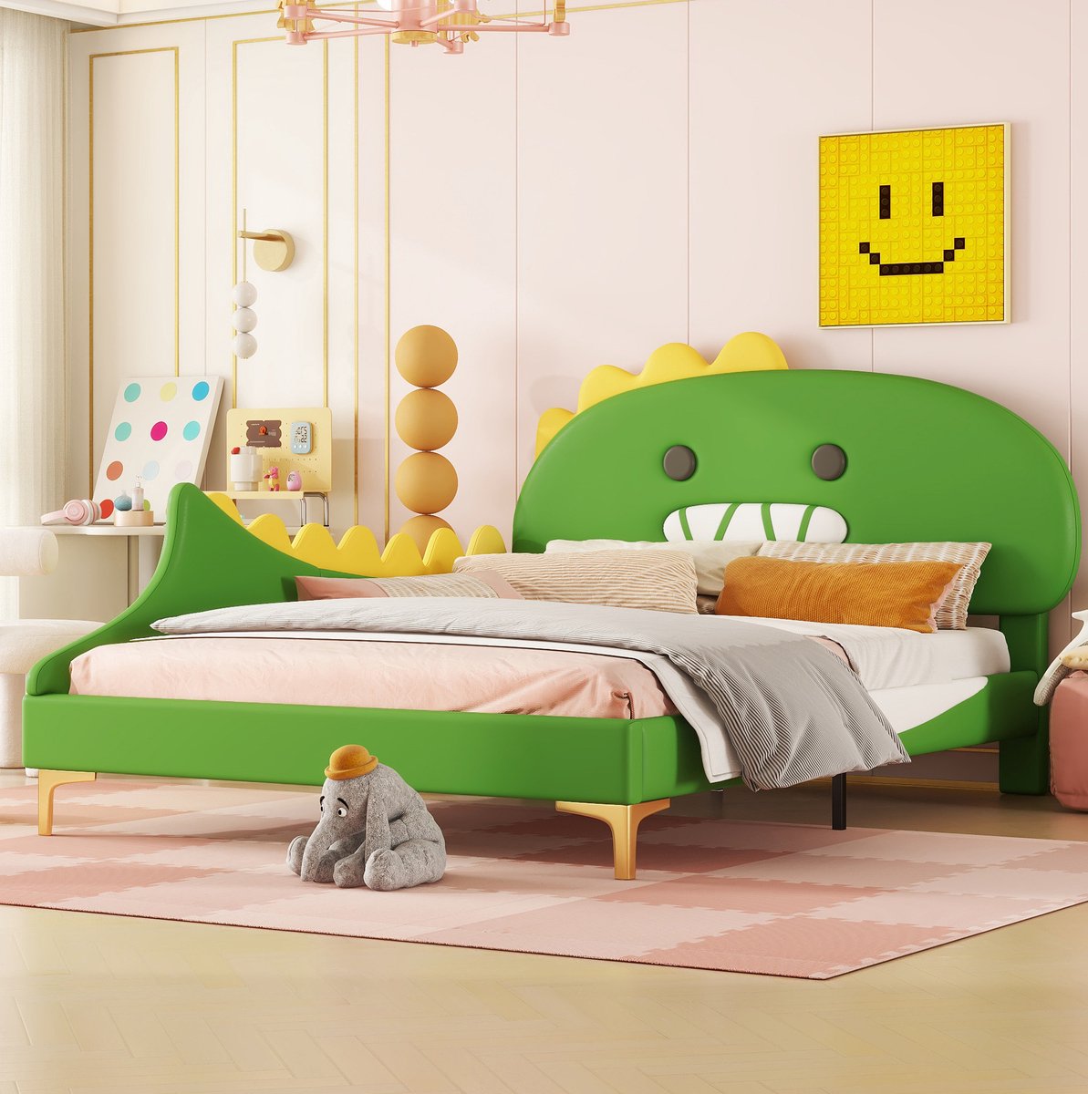 MEUNIQ Kinderbed 140x200 cm met cartoon dinosaurus hoofdbord, normaal bed met lattenbodem, PU en MDF, groen, voor kinderkamer