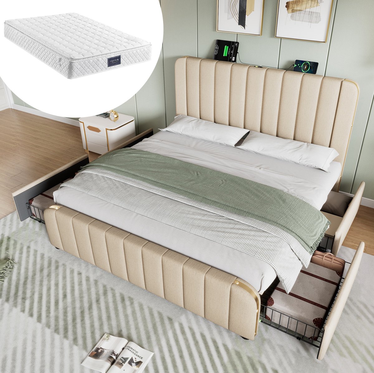 MEUNIQ gestoffeerd bed 140x200 cm met 4 lades, USB- en Type-C-aansluiting, beige linnenlook en gouden sierstrips