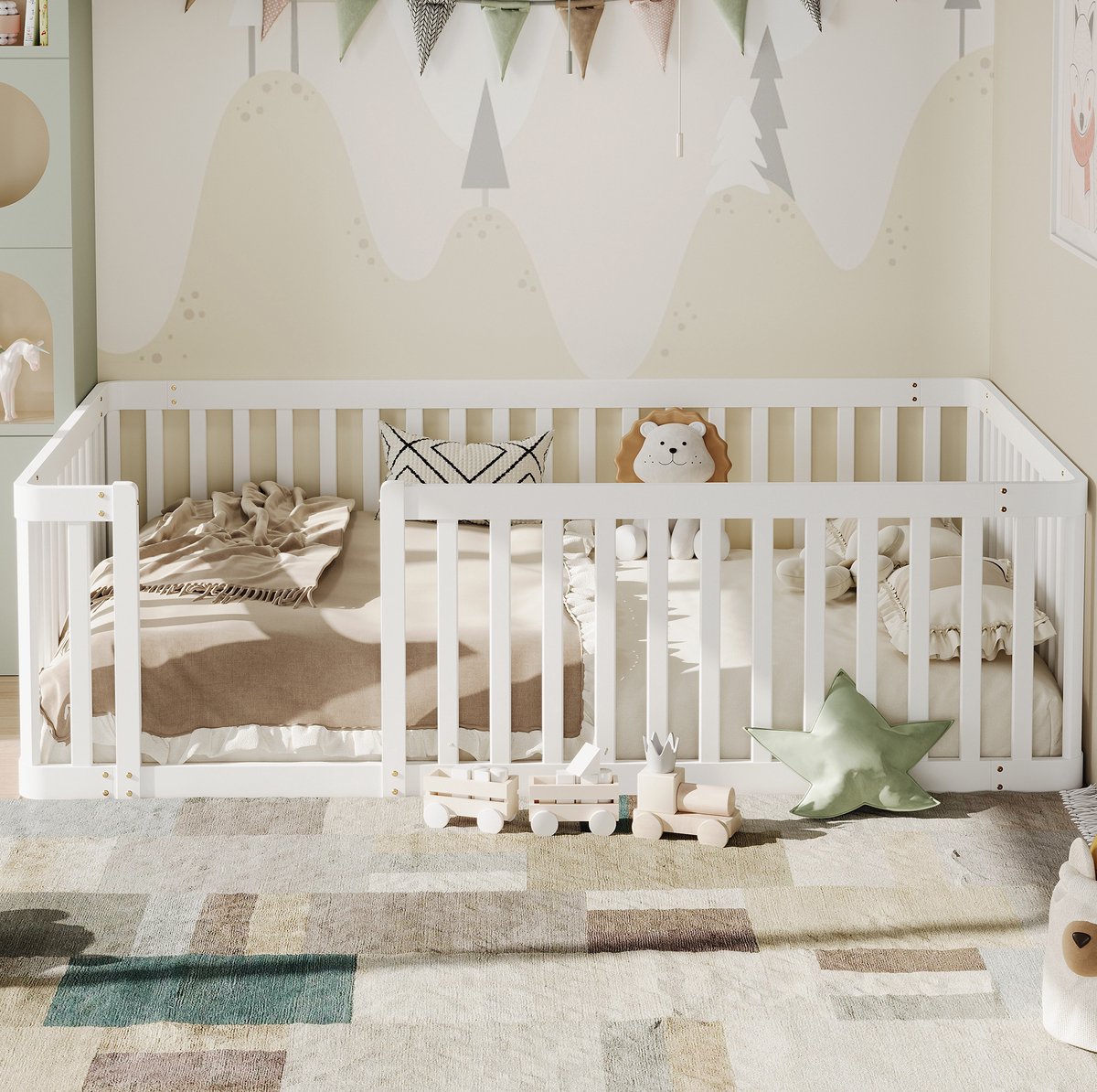 MEUNIQ Kinderbed 90x200 cm met halfopen hekwerk en lage instap, wit grenenhouten bedframe voor kinderkamer, eenpersoons bed met rondom veiligheidshek