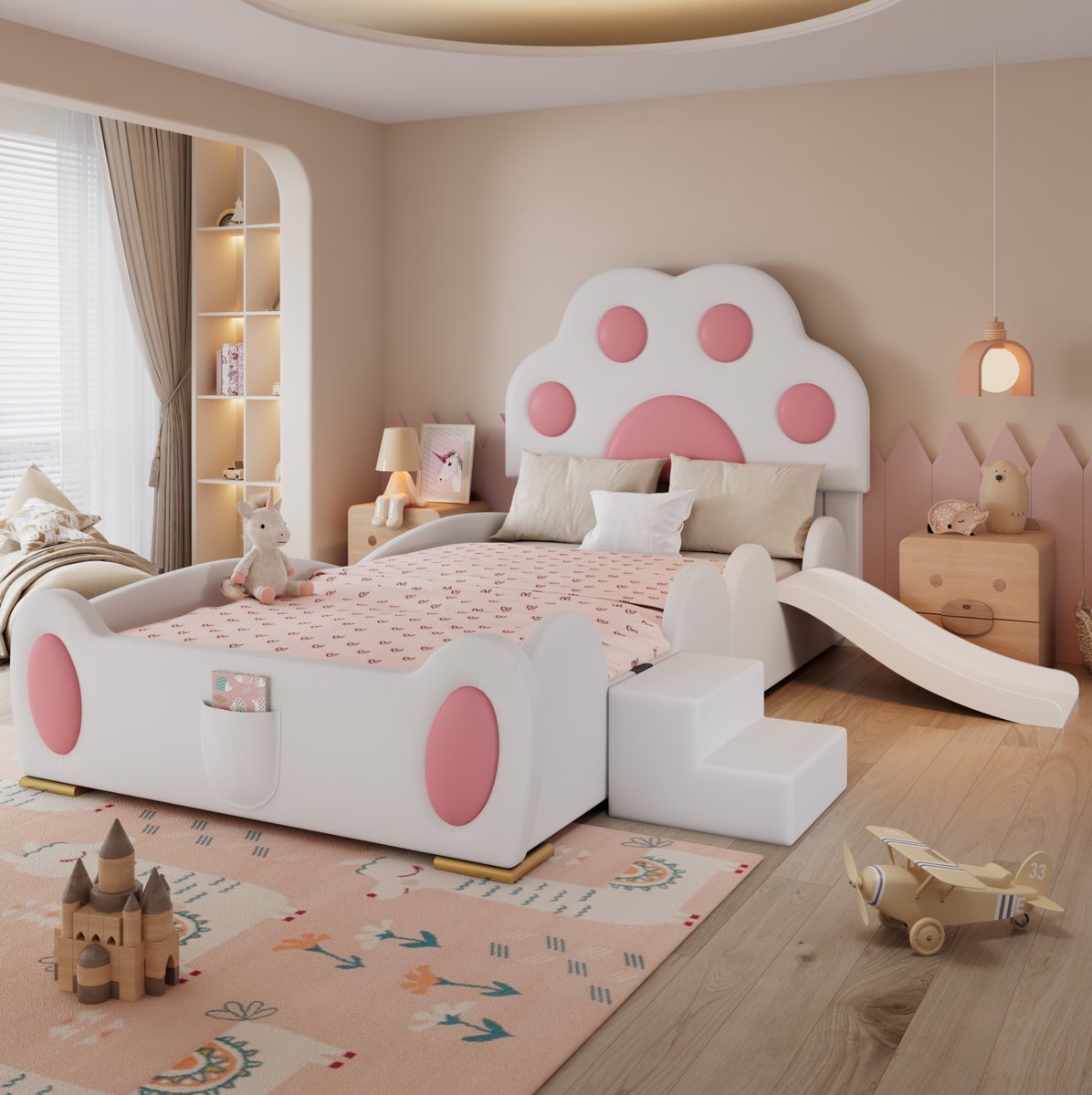 MEUNIQ kinderbed 90x200 cm met kattenpoot hoofdbord, glijbaan, tweestaps ladder en opbergvak, eenpersoons bed voor kinderkamer in wit en roze