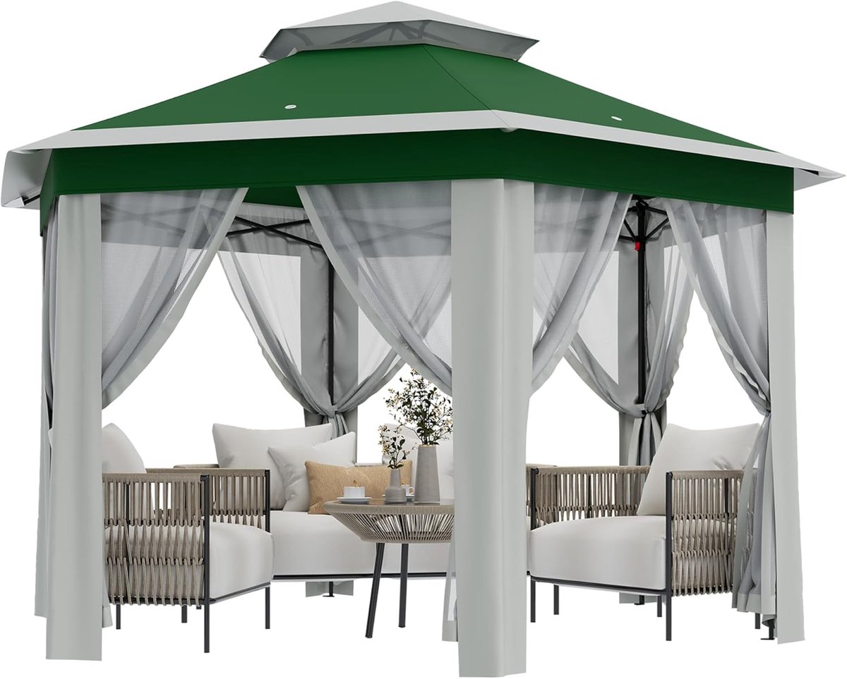 Partytent Hexagonale met Muggennet - 400x400x280cm - Pop-up Paviljoen met Zandzakken - Snel Opzetten - Buiten Overkapping voor Tuin Terras - Groen