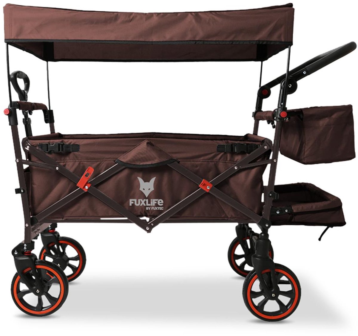 Bol.com FUXLIFE by FUXTEC CT850 Bolderkar Kinderwagen - Opvouwbaar - Bruin | Comfortabel & Veilig - Met Zonnedak & Handkar - Max... aanbieding
