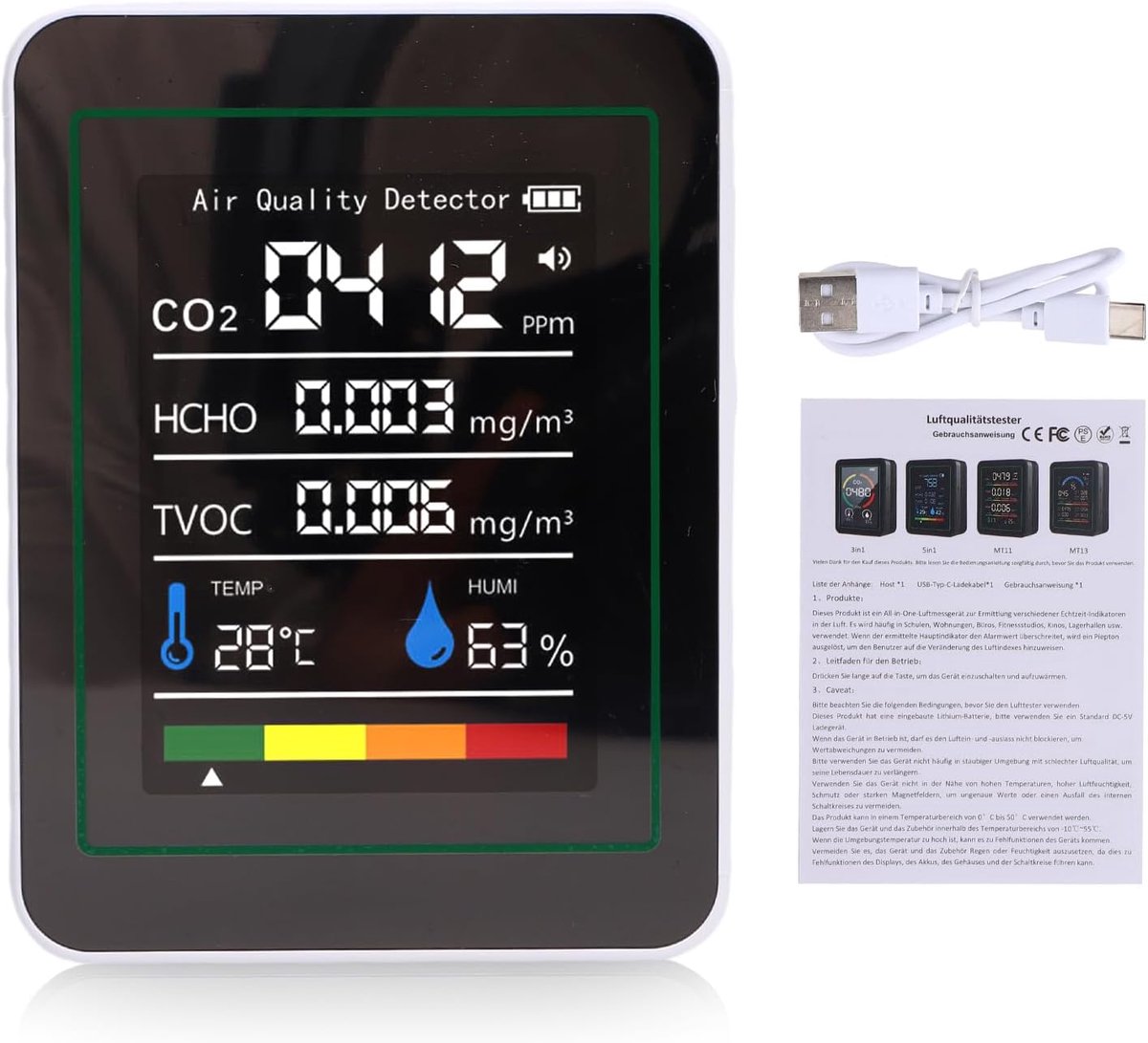 Luchtkwaliteit Monitor - Luchtmeter CO2 - Gezond Binnenklimaat - 5-in-1 Multigasdetectie - 14 x 10 x 5 cm - Wit