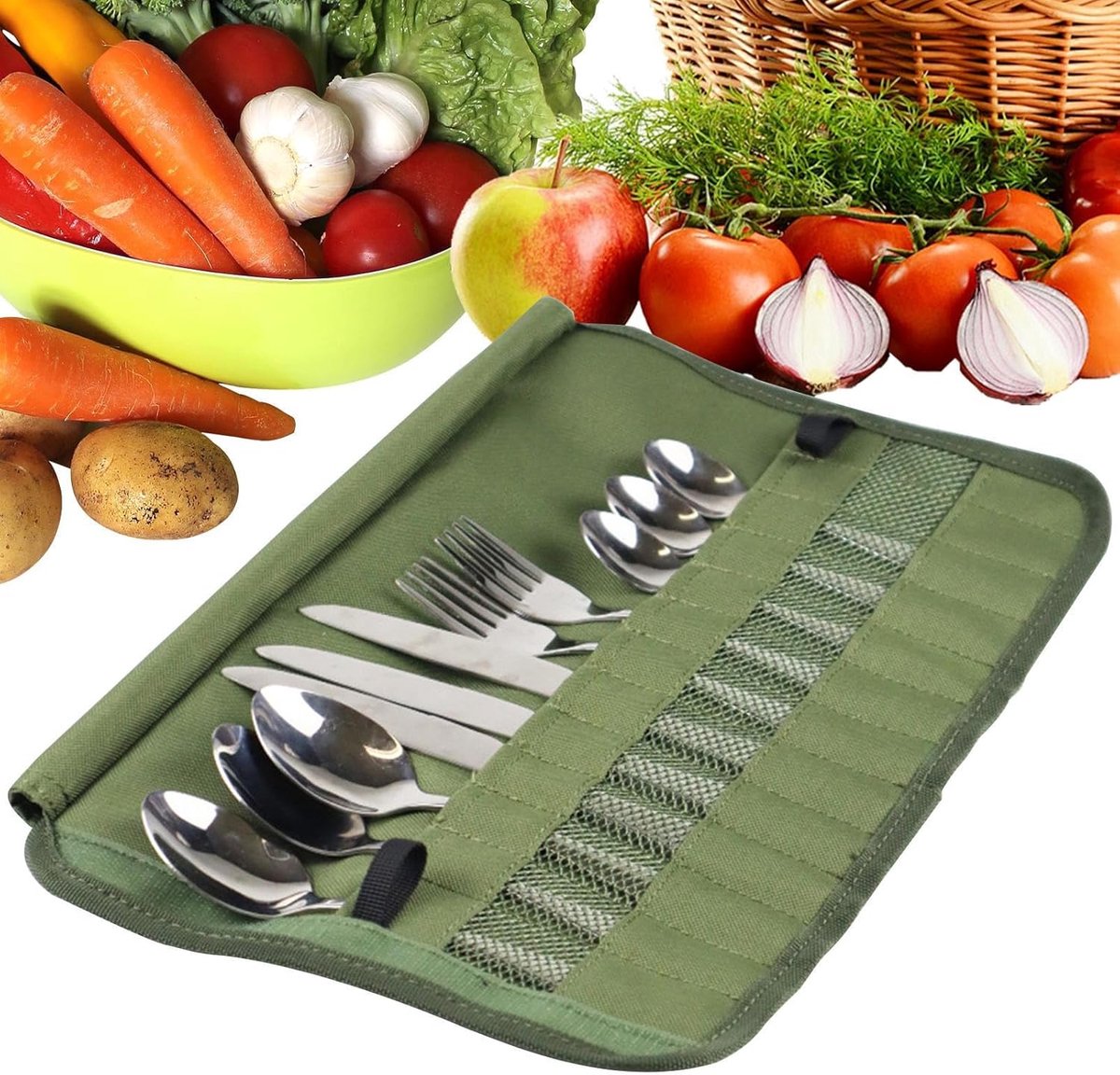 Camping Opbergtas - Kookgerei Organizer - Servies Organiseren - Meerdere Compartimenten - 38x25 Cm - Legergroen