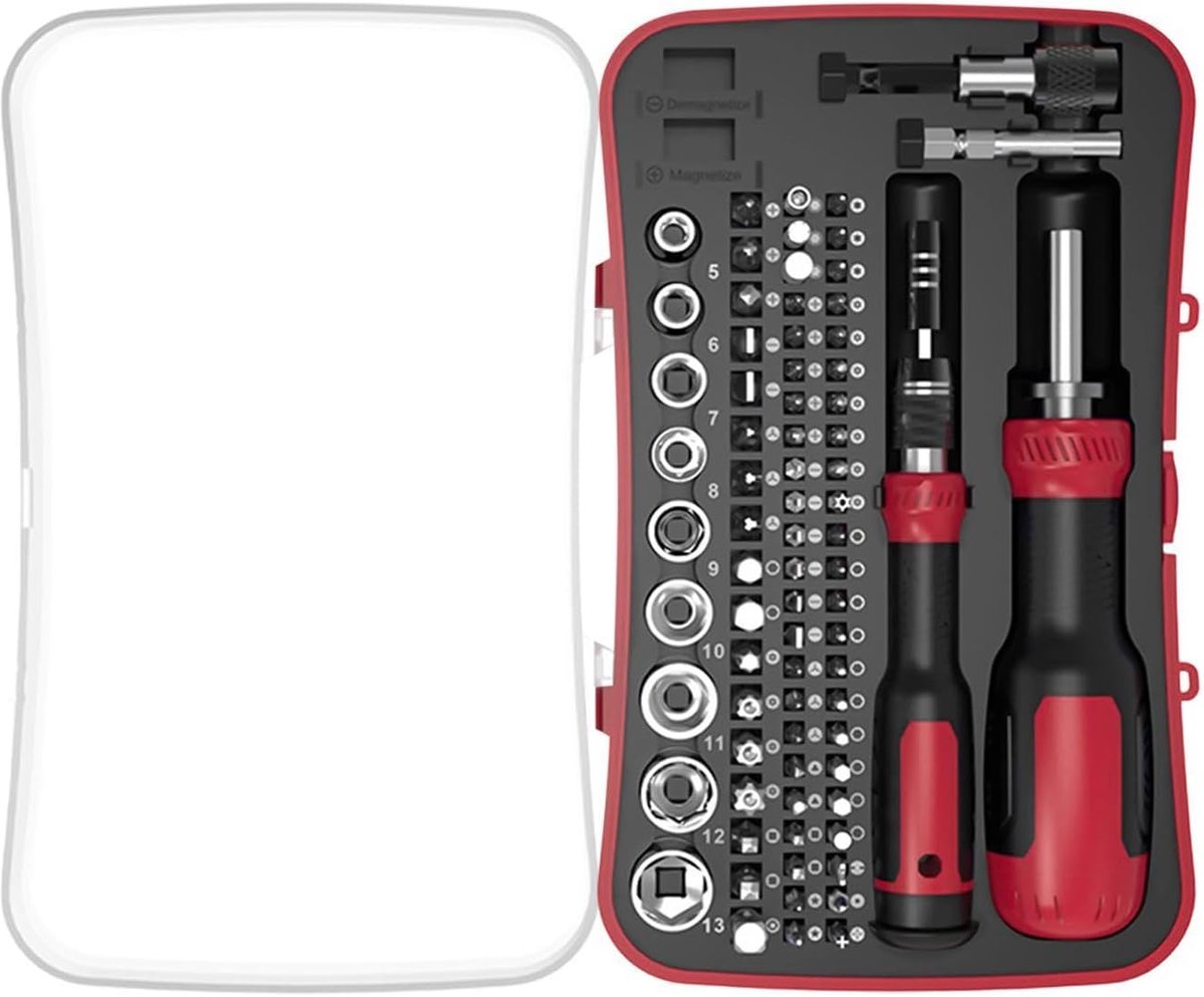 Ratelschroevendraaier Set - Reparatietool Bits - Meubels Monteren - Dubbelopenend Mechanisme - 77 Stuks - Grijs
