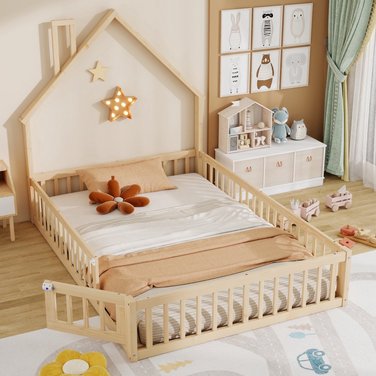 MEUNIQ Huisbed 140 x 190 cm kinderbed met lattenbodem en veiligheidshekken, bedframe met schoorsteenvorm voor kinderkamer, zonder matras, naturel