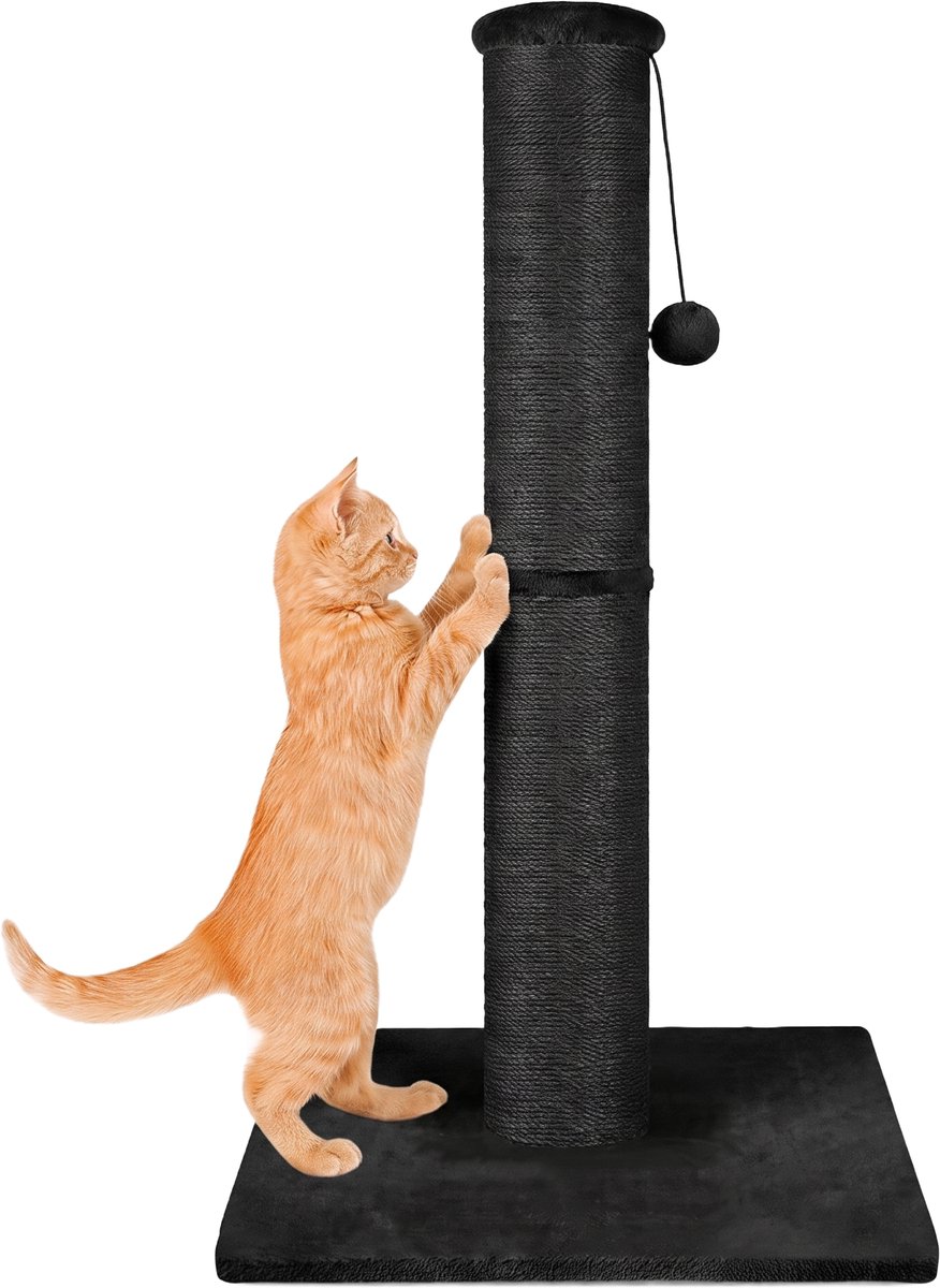 IvoQ Krabpaal voor Katten - 90 cm - Zwart - Stevige Kattenkrabpaal met Speelbal & Sisal - 90x40x40 cm