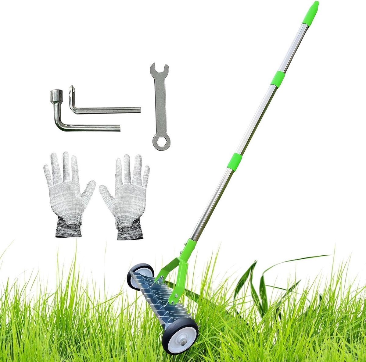 Verticuteermachine met hark - Gazonhark bladverzamelaar - Gazononderhoud - Verstelbare handgreep - 119 cm handgreep - Groen