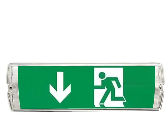 Groen nooduitgangbord met rennend figuur en pijl naar beneden.