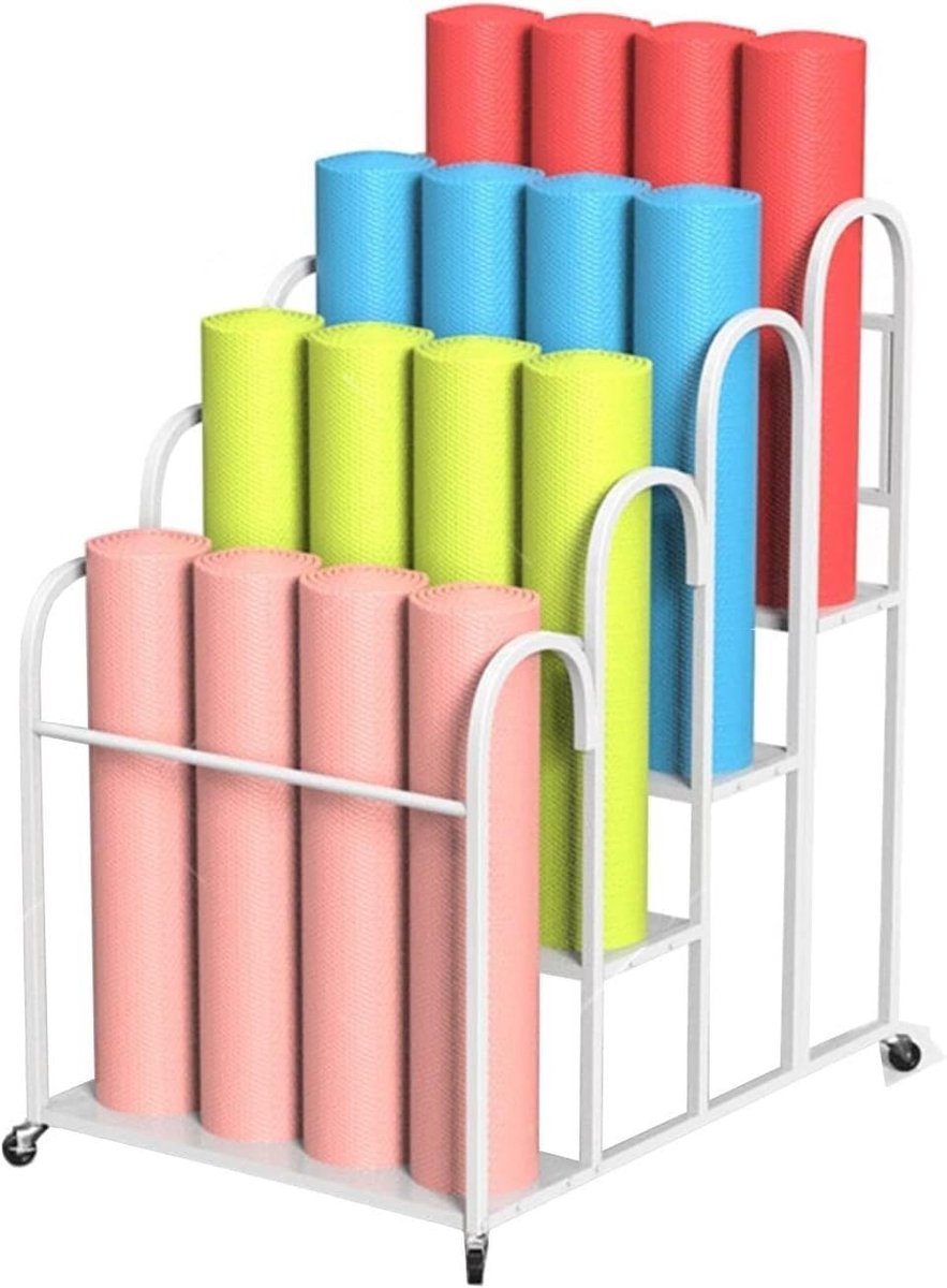 Yogamat Rek - Fitness Organizer - Sportmateriaal Opslag - Met Wielen - 60x85x110cm - Wit