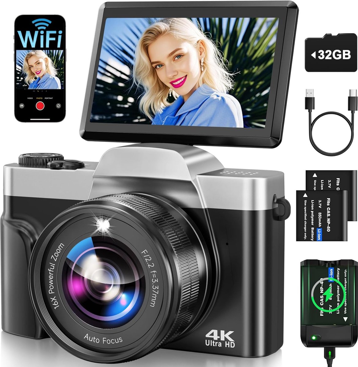 SnelShoppen - Digitale Camera met WiFi, 4K 64MP Autofocus Vlog Camera voor YouTube, 3 Inch 180° Flip Screen, 16x Digital Zoom, Anti-Shake, Incl. SD Ka