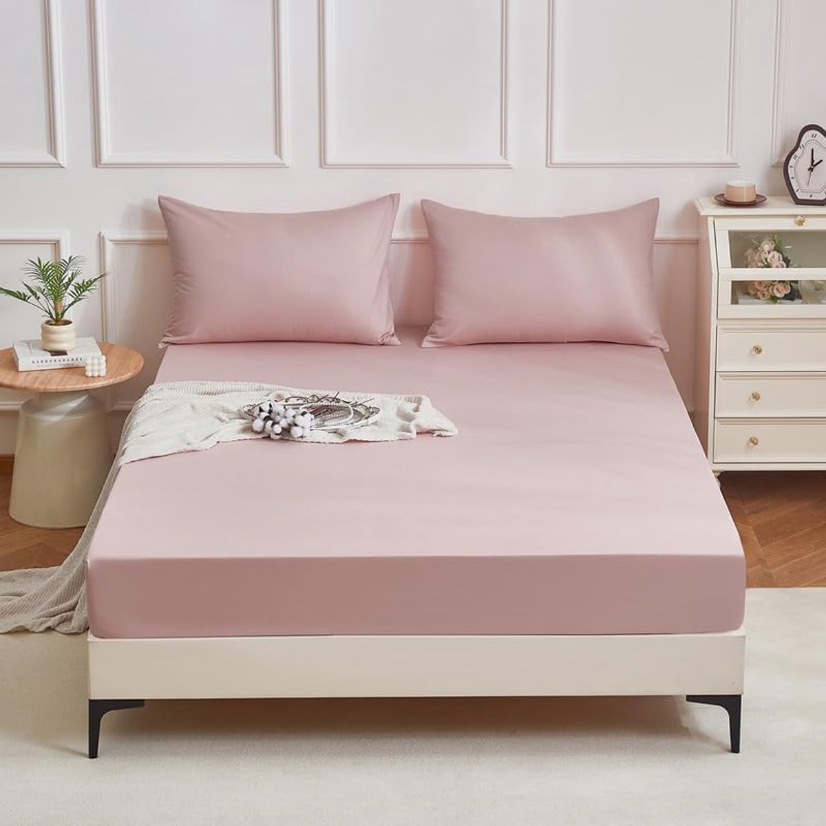 SnelShoppen - Fitted Sheet 160 x 200 cm - Antibacterieel Katoen Sateen - Anthraciet Roze - Boxspring Bedlinnen voor Hoogmatrassen tot 15-30 cm
