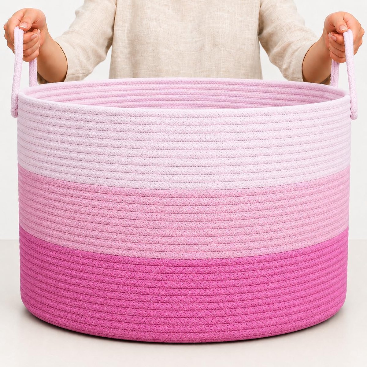 SnelShoppen - 3-tint katoen touwmand voor was en dekens - 50x33 cm - 3 tinten roze - Ideaal voor speelgoed, babykamer, woonkamer en decoratie