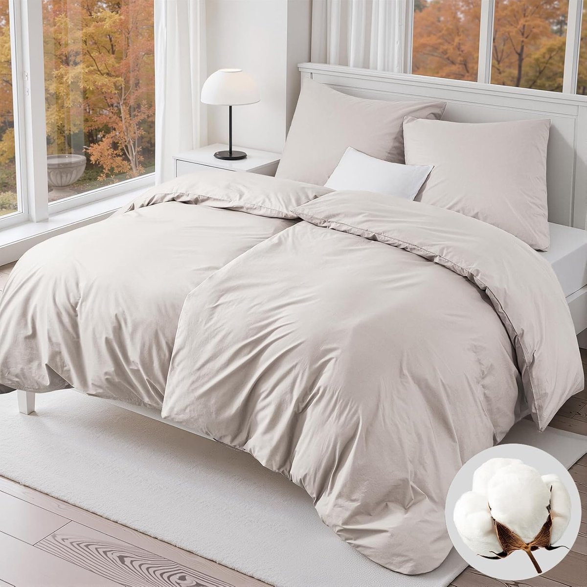 SnelShoppen - Bedlinnen 135x200 Katoen 4-delige Set Beige, Dekbedovertrek 135x200 + 2 Kussenslopen 80x80 cm, Eco-Tex Katoenen Beddegoed met Rits, Idea
