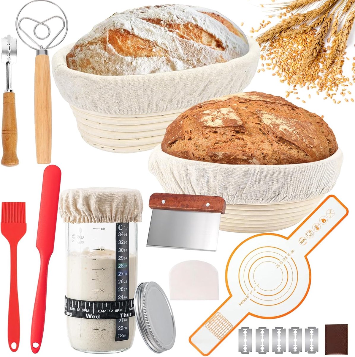 SnelShoppen - Zuurdesem Starterset 12-delig - Rijsmanden Ronde & Ovale, Zuurdesemglas 650ml, Broodbakaccessoires voor Beginners & Ervaren Bakkers, Ide